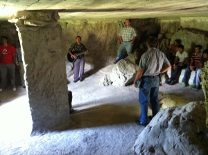Inside a cave that is a replica of Jesus' empty tomb.